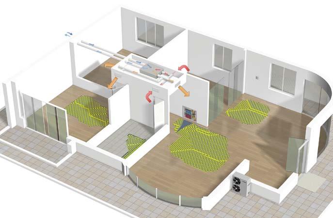 Ventilazione meccanica Esempio impianto di distribuzione Bocchette aria Unità CHR 240-FC/S Mandata e ripresa aria ambiente Kit PF Pompa di calore aria-acqua Pannello di controllo Sistema radiante a