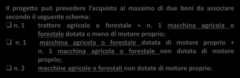 INTERVENTI AMMISSIBILI Il progetto può prevedere l acquisto al massimo di due beni da associare secondo il seguente schema: n. 1 trattore agricolo o forestale + n.