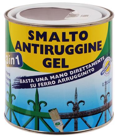 SMALTO GEL ANTIRUGGINE 3 IN 1 Si tratta di uno smalto sintetico tixotropico per esterno, composto da resina gliceroftalica, pigmenti stabili alla