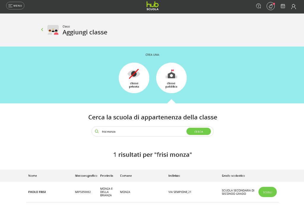 Pulsante Ricerca 1 2 3 «Crea classe» scuola Scelta scuola 4
