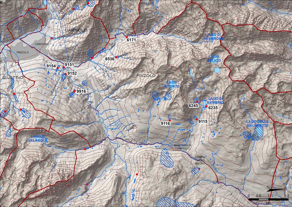 Pinzolo Figura 1 : mappa con l ubicazione delle sorgenti selezionate ed analizzate (in rosso) con il codice che le caratterizza univocamente; per le sole sorgenti utilizzate a scopo potabile sono