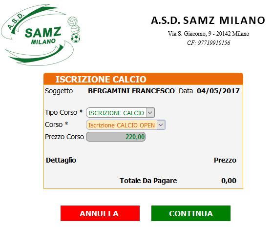 6. Inseriti i campi richiesti (Tipo Corso e Corso), premere CONTINUA per effettuare l iscrizione. Verrà visualizzata la seguente schermata di conferma.