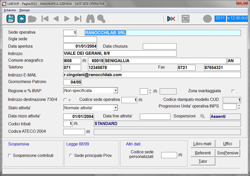 Gestione modello CUD GECUD Nella gestione delle Sedi operative presente nel menù della Gestione azienda, terza scelta sono stati inseriti i campi utili alla gestione di tali informazioni : Il check