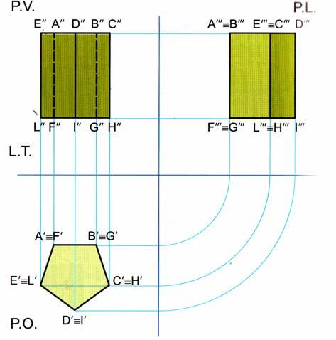 Sviluppo di un cubo con le facce parallele ai piani di proiezione. Sviluppo di un prisma pentagonale la cui base è parallela al P.O. e presenta quindi un asse perpendicolare al P.