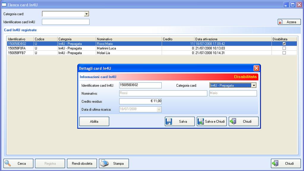 Se a questo punto si clicca due volte sulla riga evidenziata, oppure si preme il tasto Invio sulla tastiera, viene aperta la finestra Dettagli card In4U, che mostra per esteso le caratteristiche