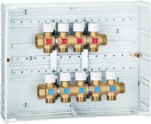 COLLETTORI DI DISTRIBUZIONE 360 Collettori di distribuzione idrosanitaria preassemblati in cassetta. Pmax d esercizio: 0 bar. Campo di temperatura: 00 C. Interasse derivazioni: 3 mm.