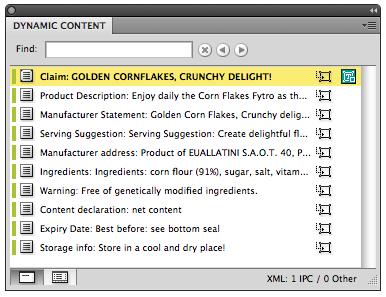 3 2. Nella palette di Dynamic Content fare click sull'icona Crea oggetto dinamico corrispondente all'elemento XML che contiene il testo da sostituire nel modello di Illustrator.