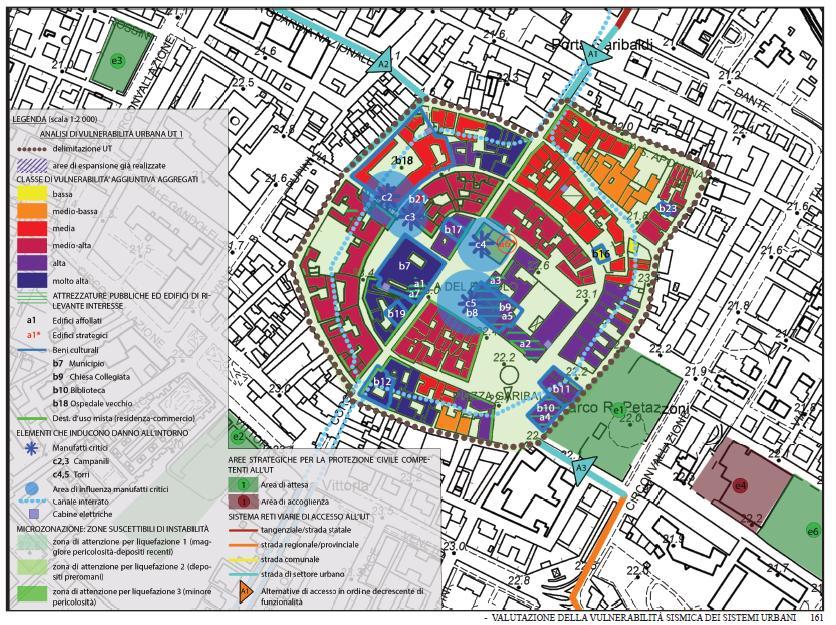 Rappresentazione cartografica di elementi importanti per la vulnerabilità urbana, con evidenziati i manufatti che possono indurre danno all intorno e la relativa area d influenza (da: VALUTAZIONE