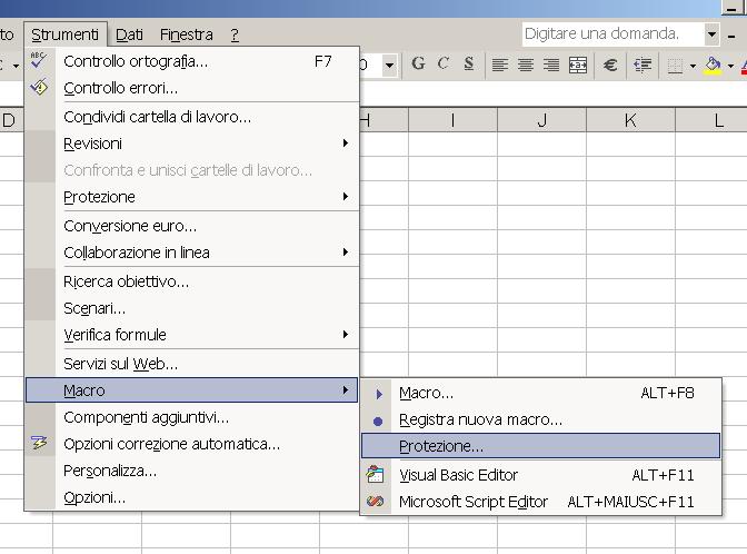 Pag 4 di 11 PASSO 2: Dal menu STRUMENTI accedere al sotto-menu MACRO e scegliere la voce PROTEZIONE, così come riportato nella sottostante Figura Figura 2: Il menu STRUMENTI completo del sotto-menu