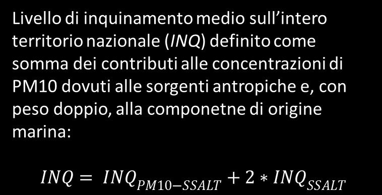 Livello di inquinamento medio sull intero territorio nazionale (INQ) definito come somma dei contributi alle concentrazioni di PM10 dovuti alle sorgenti antropiche e, con peso doppio, alla componente