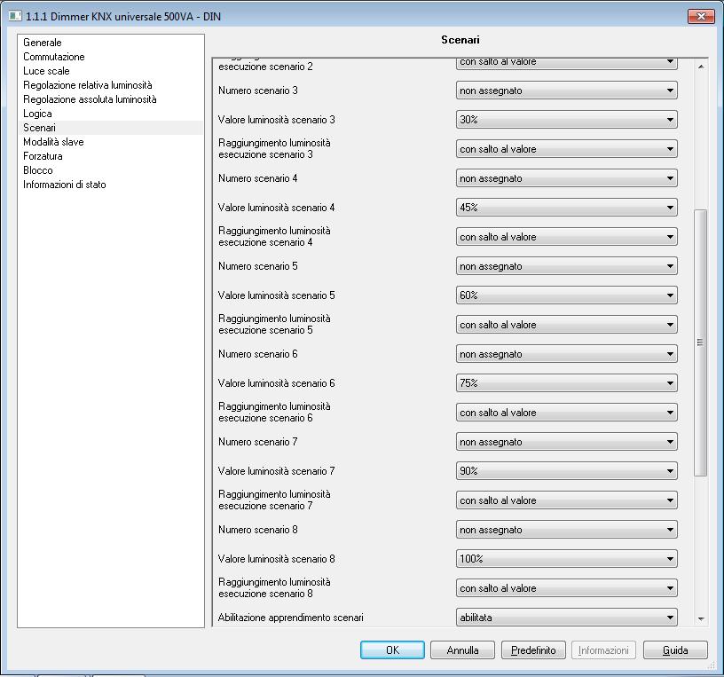 9 Menù Scenari E possibile attivare la funzione scenari che permette di replicare un determinato stato preimpostato o precedentemente memorizzato a fronte della ricezione dell oggetto di