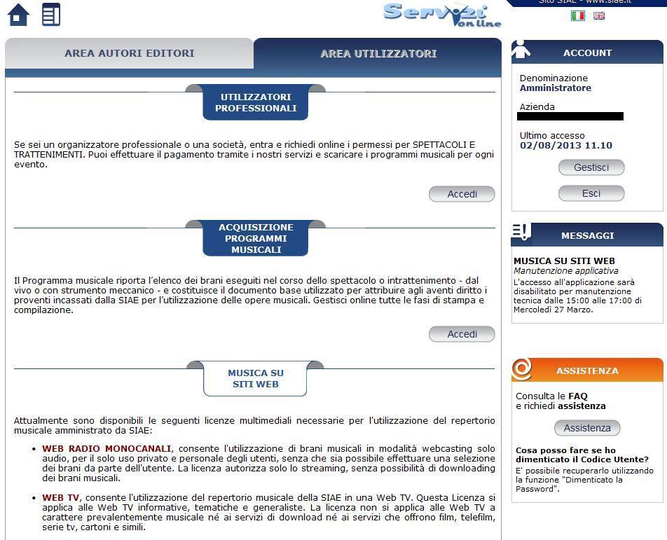 3 ACCESSO AL SERVIZIO UTILIZZATORI PROFESSIONALI Dopo aver eseguito il login si viene reindirizzato nella pagina iniziale dell utente da dove può