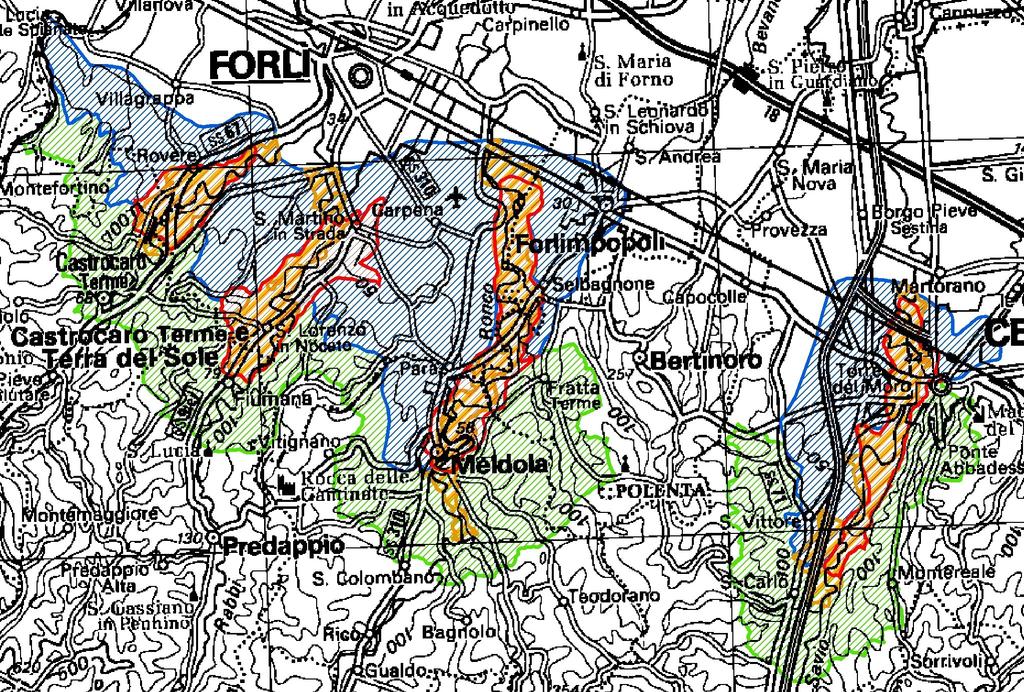 figura 2: Zone di Protezione delle acque sotterranee: aree di ricarica, nel territorio di pedecollina-pianura della Provincia di Forlì Cesena.