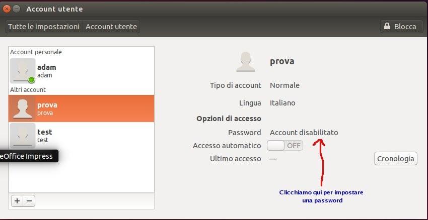 ora non ci resta che impostare la password utente e alcune proprietà, per impostare la password ci basterà cliccare accanto alla parola password la voce account disabilitato Dopo di che