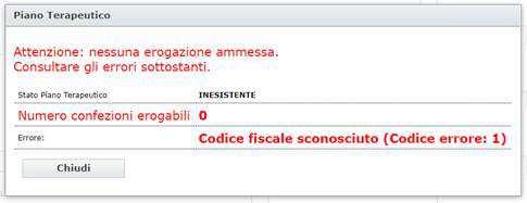 - In caso di esito negativo, come nel seguente esempio (programma di cura non caricato, residuo di prodotti non disponibile oppure paziente non censito ): la farmacia non potrà proseguire con l