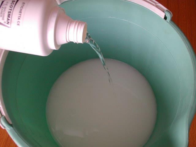 In un secchio pulito preparare la Soluzione Disincrostante diluendo due litri di acqua