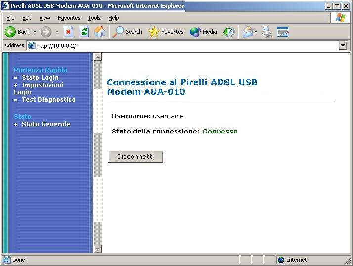 2.2 Disconnessione Analogamente ai passi elencati per l attivazione della connessione ADSL, all apparire della pagina di controllo della connessione del modem