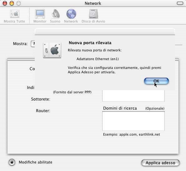 Per MacOS9 1. Andare nel Pannello di Controllo presente nel Menu APPLE. 2. Selezionare e cliccare TCP/IP. 3. Selezionare e cliccare USB ADSL. Per MacOS10 1.