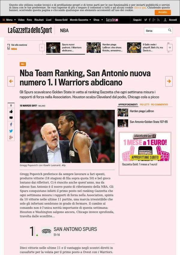 13 marzo 2017 gazzetta.it Nba Team Ranking, San Antonio nuova numero 1.