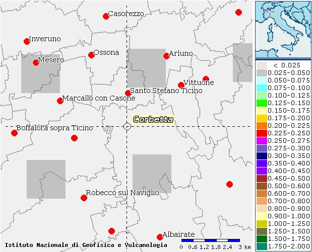 In particolare i valori di scuotimento relativi ai quattro nodi utilizzabili per la definizione del valore medio significativo per il territorio in esame sono mostrati nella seguente tabella