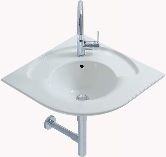 Lavabo ad angolo monoforo. I fissaggi sono posizionati su entrambi i lati del lavabo. One-hole corner washbasin. ixing are on both sides of the washbasin. The cm washbasin has one straight side.