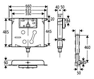 Installation with a high box or flow meter. Low level cistern in ABS with dual-flush mechanism 3/6 lt or 4/9 lt with drain pipe, pipe fittings.