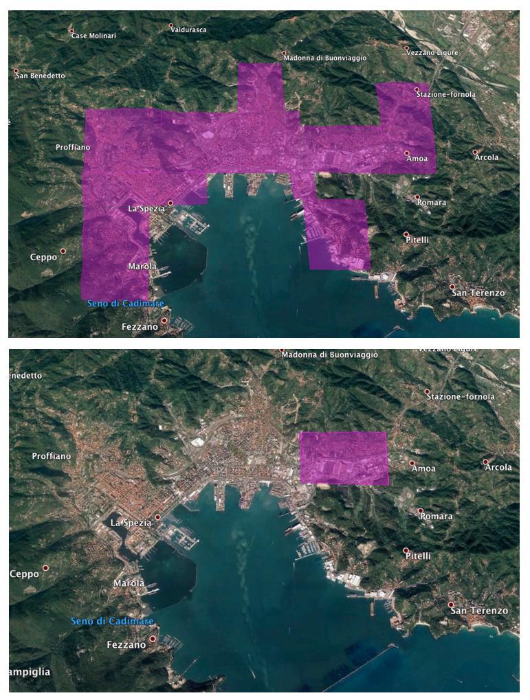 Figura 3: Le due zone definite per il calcolo dell impatto relativo delle singole sorgenti inquinanti: l area urbana del Comune di La Spezia (sopra) e il distretto