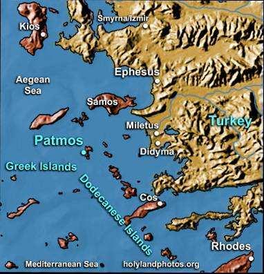 v.9: a Patmos Durante il regno di Domiziano era una colonia penitenziaria romana, a circa 100 chilometri da