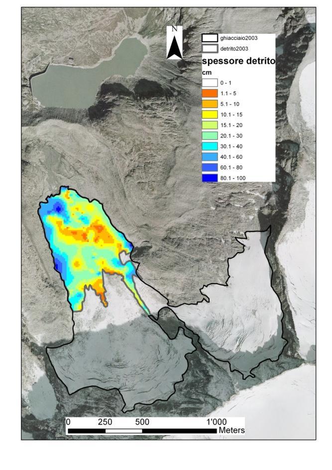 Fig 1: mappa della copertura detritica. 1.1 Modello per l ablazione sotto il detrito Ho applicato un modello degree-day modificato, che considera la temperatura dell aria e la radiazione solare incidente.