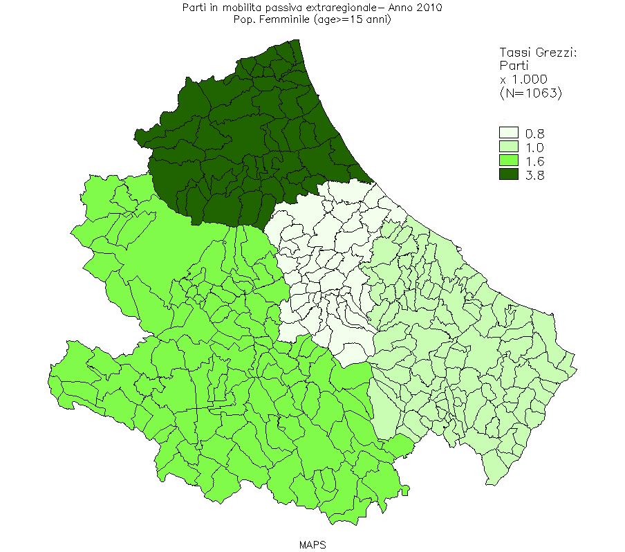 9 I parti effettuati in altre Regioni da donne abruzzesi (in mobilità passiva) è rappresentato graficamente in figura 5: il calcolo del tasso è stato effettuato sulla popolazione femminile residente