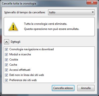 Cancellare Cronologia - Temporanei Internet e Cache su Mozilla Firefox Fare click sul menù di Firefox (icona in alto a destra), scegliere cronologia. Da qui 'cancella cronologia'.