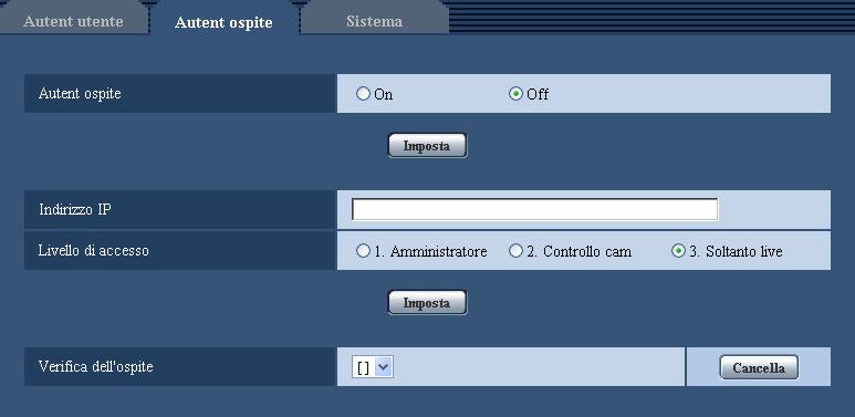 14 Configurazione delle impostazioni riguardanti l autenticazione [Gestione utenti] Su questa pagina si possono configurare le impostazioni per limitare l accesso alla telecamera dei PC (indirizzi