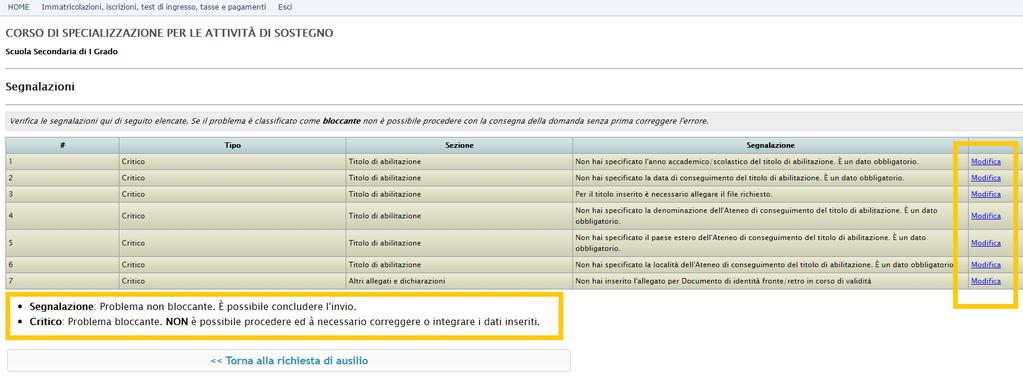 Alla fine di questo passaggio il sistema effettuerà un controllo di coerenza sui dati inseriti e, se presenti, riporterà una serie di segnalazioni indicandone l importanza.