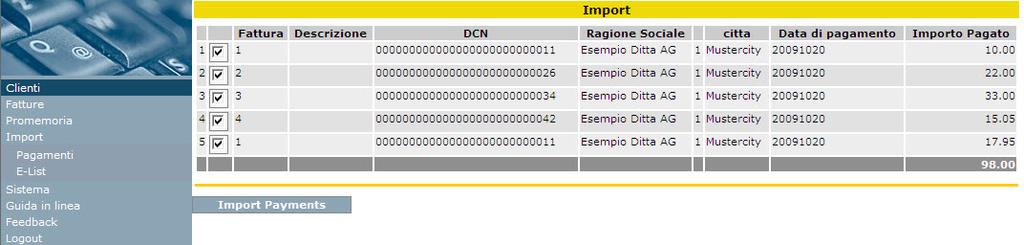 Nota: se nel file d importazione ci dovessero essere pagamenti che non avete registrato in PVRlight, essi vengono visualizzati, ma non possono essere importati.