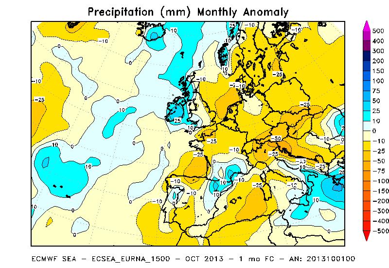 Figura 5 Anomalia di precipitazione mensile per i mesi di ottobre, novembre e dicembre dei modelli ECMWF (alto) e NOAA (basso).