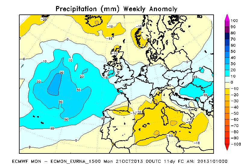 Figura 6 Anomalia di precipitazione settimanale emessa dal ECMWF riferite rispettivamente alla terza settimana (sinistra) ed alla quarta settimana (destra) del mese di ottobre.