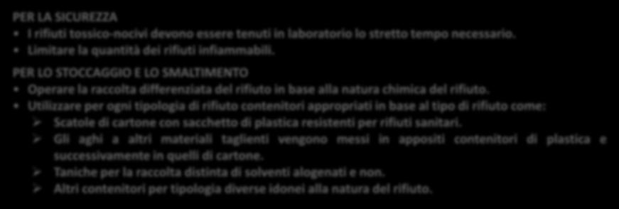 RACCOLTA IN LABORATORIO CONFERIMENTO DEI RIFUTI AL DEPOSITO