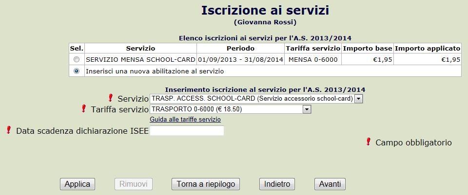 Per proseguire con la modifica o l'inserimento delle abilitazioni ai servizi, cliccare sul pulsante Avanti. Nella pagina successiva sarà possibile inserire le abilitazioni ai servizi.