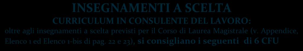 INSEGNAMENTI A SCELTA CURRICULUM IN CONSULENTE DEL LAVORO: oltre agli insegnamenti a scelta previsti per il Corso di Laurea Magistrale (v. Appendice, Elenco 1 ed Elenco 1-bis di pag.