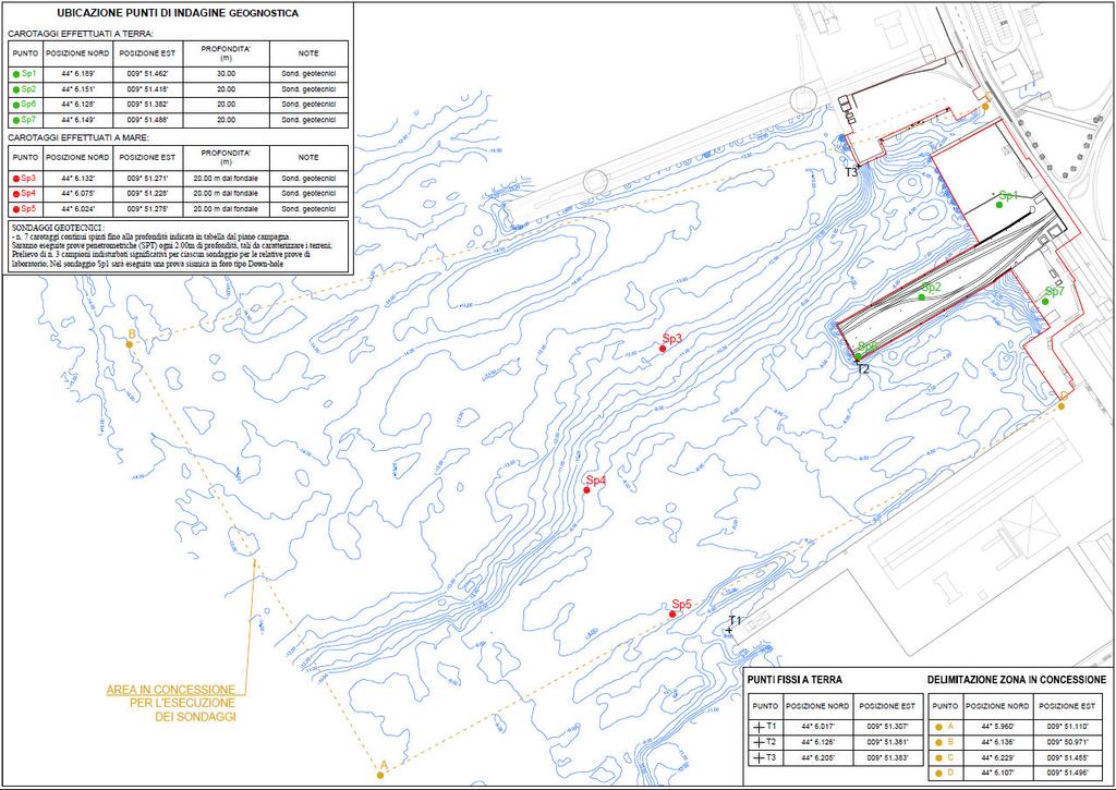 2.3 Indagini geognostiche dei fondali marini e dei terreni interessati dalle opere in progetto L indagine geognostica è stata effettuata mediante l esecuzione di alcuni sondaggi sia a terra che a