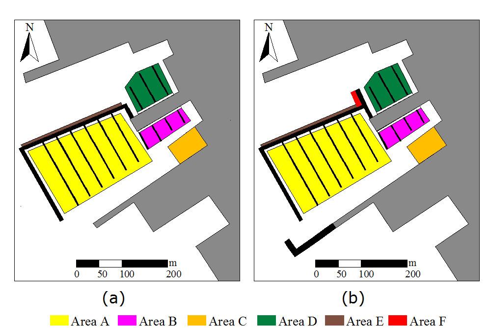 Figura 2.4.10 Valutazione dell altezza d onda di progetto in prossimità delle opere previste nelle varie configurazioni: localizzazione delle sei aree: a) Configurazione 1; b) Configurazioni 2 e 2b.