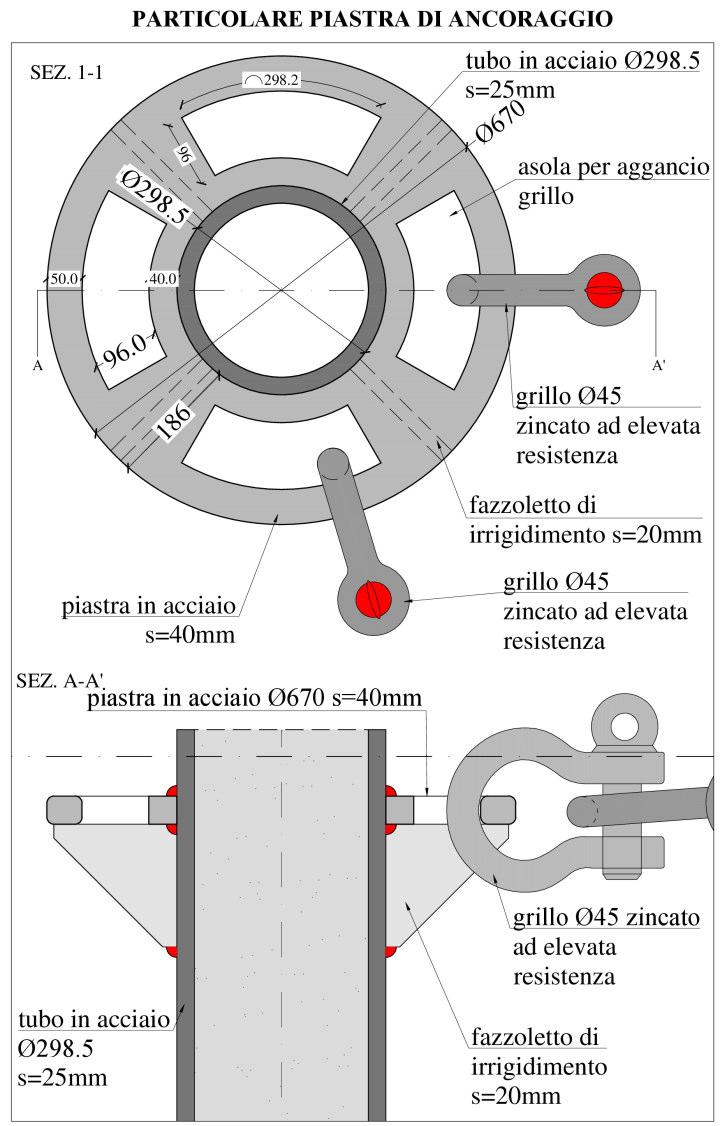 Il sistema di ancoraggio dei frangionde consiste nella realizzazione di pali tipo Discrepile Ø900 mm armati con tubo in acciaio Ø298,5 mm e lunghezza 12,50 m, con