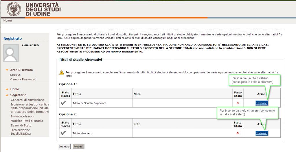 A questo punto il sistema richiede il caricamento del titolo di studio (o italiano o