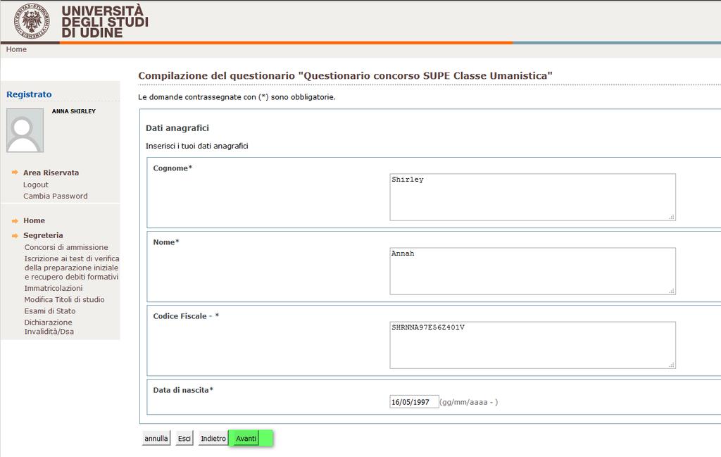 La prima pagina è comune per tutte le classi e consiste nell inserimento dei dati anagrafici. Questa pagina ha il solo scopo di riportare i dati anagrafici nella stampa del questionario.