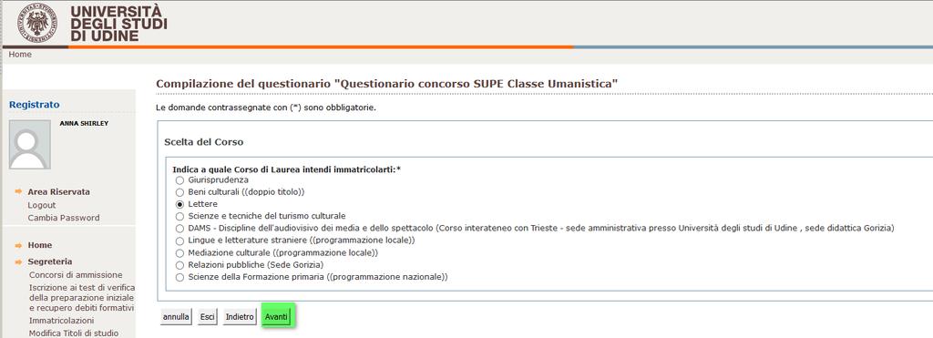 A partire da questa pagina ogni questionario differisce da classe a classe.