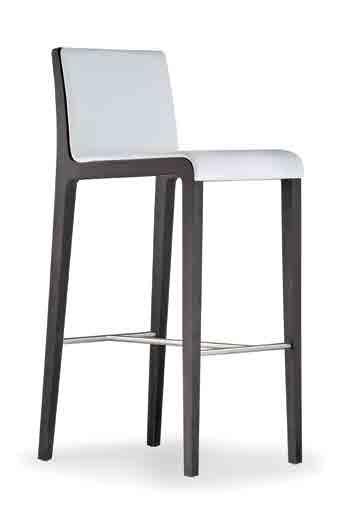 Young barstool, upholstered front part covered with fabric, simil-leather or mid grain leather.