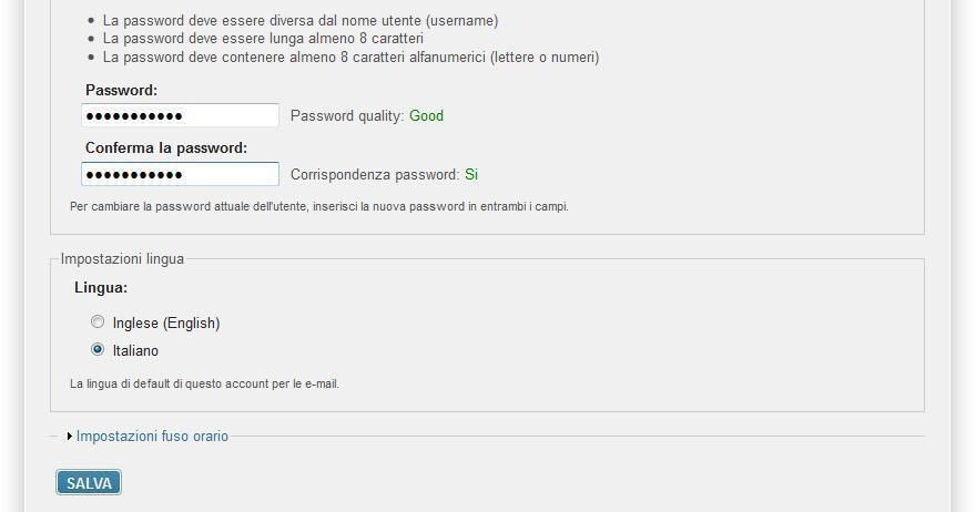 Una volta impostata la password l utente dovrà selezionare SALVA per introdurla all interno del sistema.