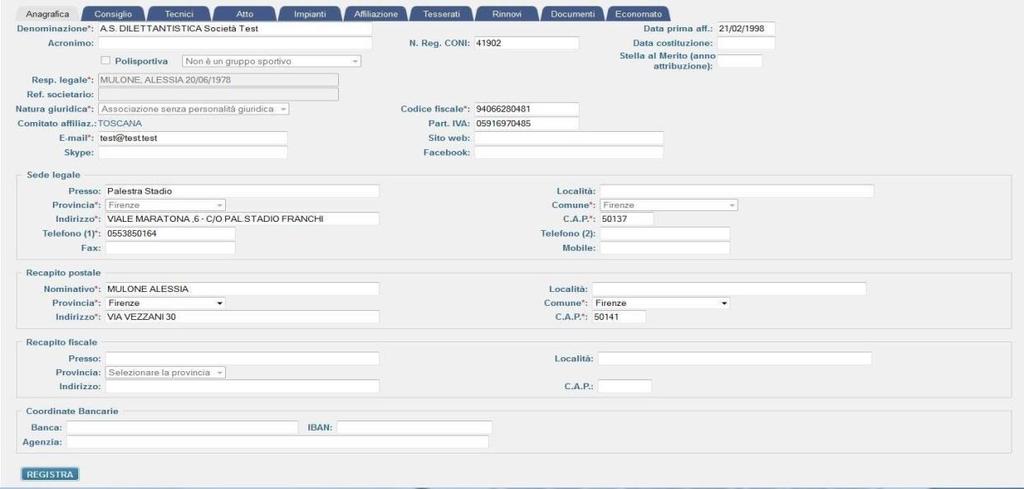 Quando si seleziona REGISTRA, il sistema esegue due tipi di controlli sui campi della maschera: Controlli di obbligatorietà dei campi.