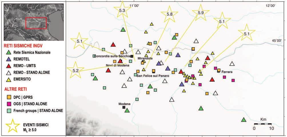 Figura 7 Mappa delle rete sismiche temporanee installate ad integrazione delle stazioni della RSN presenti in area epicentrale (SBPO, SERM, RAVA, NOVE, MODE, FIU, CMPO, triangoli verdi).
