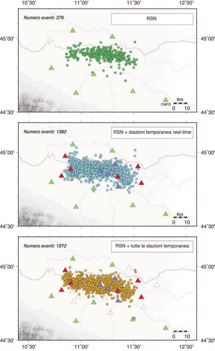 Figura 12 Dall alto verso il basso, sono mostrate le distribuzioni delle localizzazioni prodotte con il modello di velocità della sala di sorveglianza sismica, con 3 diversi subset di stazioni